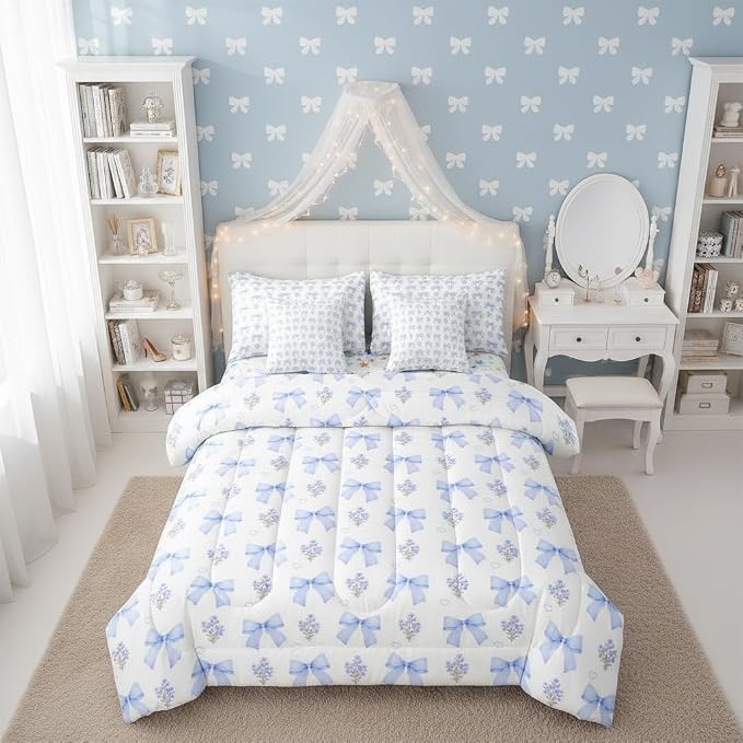 Erosebridal Bow 7 Piece Comforter Set Full Bed in a Bag for Girls Kids,Girly Blue Floral Coquette Bedding Sets for Child Bow Knot Ribbon Heart Quilt Dreamy Princess Style Sheet Set with Comforter by Erosebridal
