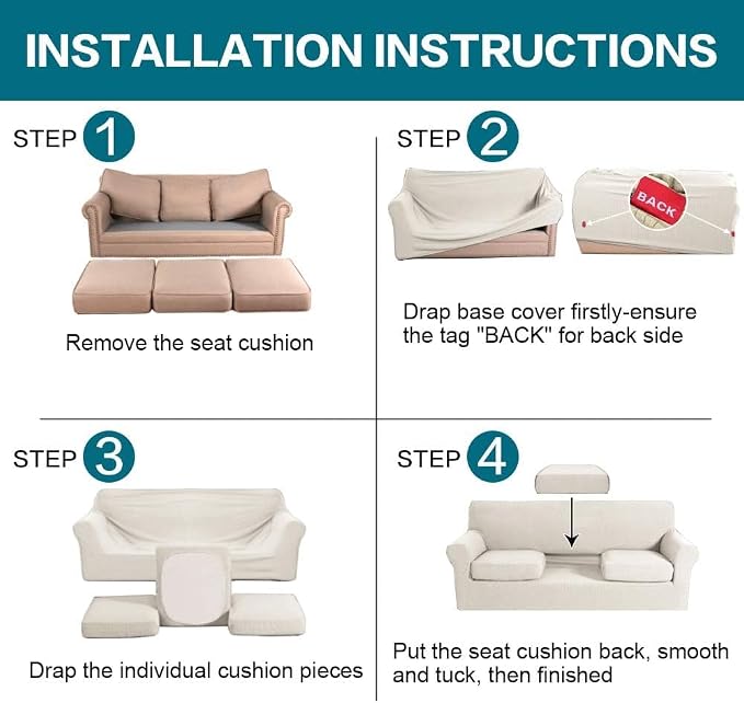 Turquoize 4 Piece Sofa Covers for 3 Cushion Couch Sofa Slipcover Soft Couch Cover for Dogs Washable Furniture Cover with 3 Individual Large Cushion Covers Feature Fabric (Large Sofa, Ivory) - Image 7