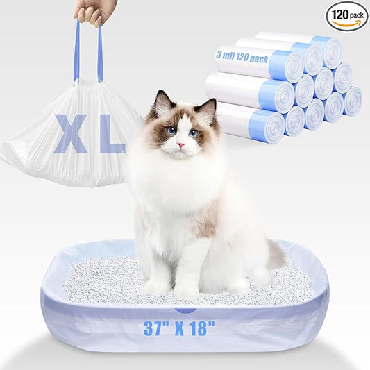 120 Pack Jumbo Cat Litter Bags-3MIL Extra Thick Leakproof Litter Box Liners, 37"x18" Heavy Duty Drawstring Cat Litter Liners for Automatic Litter Box, Odor Control Disposable Kitty Litter Bags 12 Roll by Fronip