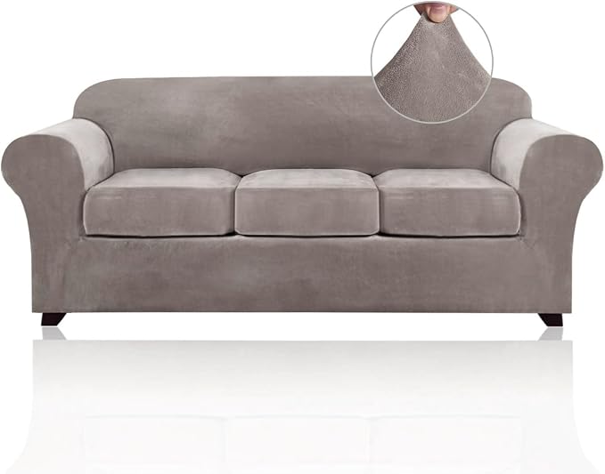 PrinceDeco Velvet Couch Covers for Sofa Soft 4 Pieces Couch Covers for 3 Cushion Couch Sofa Pet Friendly Furniture Protector with Non Slip Elastic Bottom Width Up to 90 Inch(Large, Taupe) by PrinceDeco