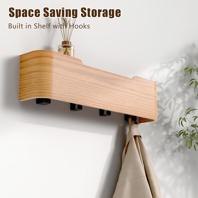 Coat Rack Wall Mount with Hidden Hooks, Wall Hooks with Shelf, Wall Key Holder Mount Wooden Shelf Entryway Hooks for Bedroom Bathroom for Hanging Coats Hats Bags Towels (Oak, 4 Hooks) - Image 2