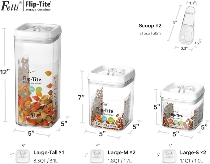 Felli Flip Tite Food Storage Container 5" LARGE 5pk Set + No Residue Label, Airtight Lid Easy Lock Top Stackable, Plastic Canister Jar for Pantry Kitchen Fridge Organizer Pasta Protein Powder Spice - Image 3