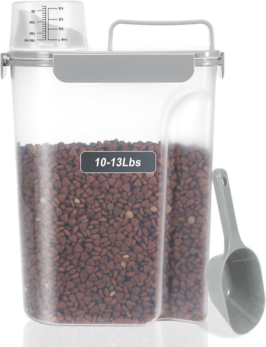 LEAWALK 10-13 Lbs Upgrade Capacity Dog Cat Food Storage Container, Pet Dog Treat Container, Airtight, Clear Bucket Body, With 2-Cup Scoop, Handle, Large Nozzle, 4-Safety Buckles, Easy to Clean, Gray by LEAWALK