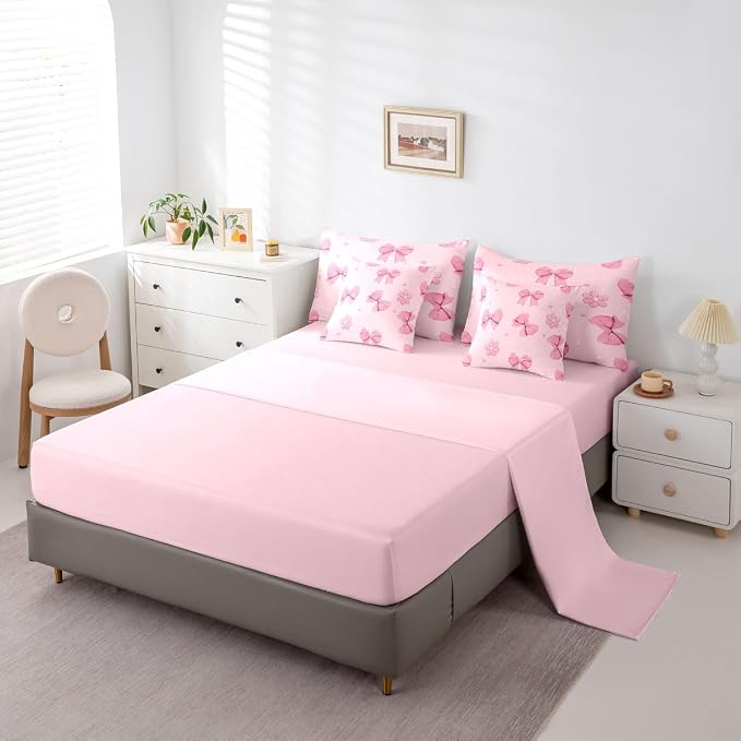 Erosebridal Pink Bows 7 Piece Comforter Set Twin Size Girly Bowknot Bedding Set for Kids Girls Bedroom Pink Bows Comforter with Sheets Microfiber Bow Ribbon Heart Pattern Quilt Set Flower Bed Set - Image 5
