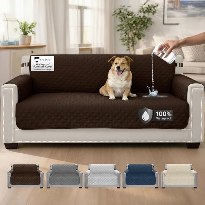 Sofa Shield 100% Waterproof Couch Cover with Patented Straps, Slip and Stain Resistant Furniture Protector, Machine Washable Sofa Slipcover for Dogs Cats Pets & Kids, 70 inch Seat, Brown by SofaShield