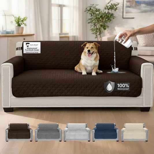 Sofa Shield 100% Waterproof Couch Cover with Patented Straps, Slip and Stain Resistant Furniture Protector, Machine Washable Sofa Slipcover for Dogs Cats Pets & Kids, 70 inch Seat, Brown by SofaShield