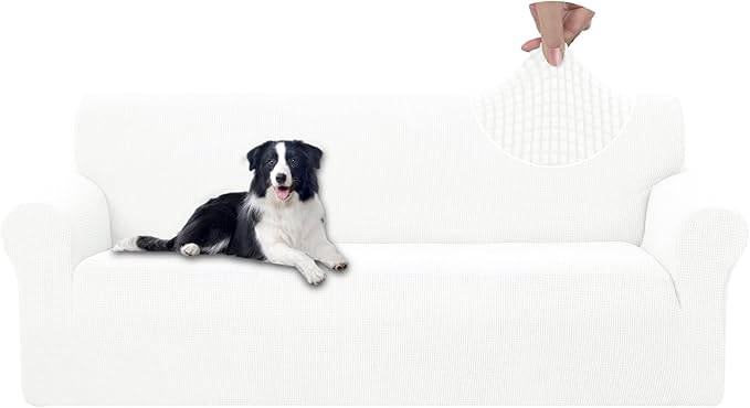 U-NICE HOME Stretch Couch Cover Slipcover for 3 Cushion Sofa, Ivory White | 1-Piece Sofa cover, Washable, Pet friendly, Furniture protector, Polyester Spandex Jacquard fabric by U-NICEHOME