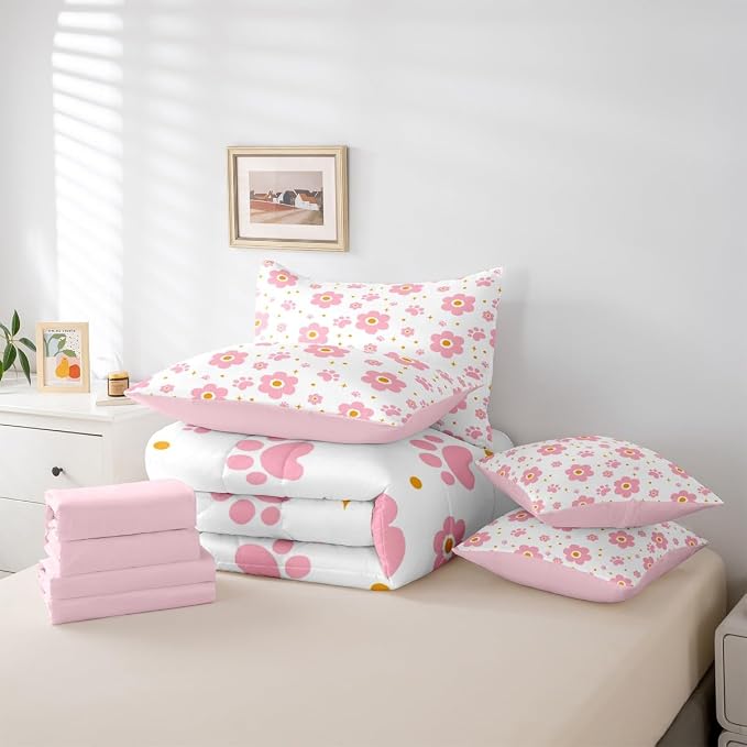 Feelyou Pink Flower 7 Piece Bedding Set Cute Dog Paw Print Comforter Set with Sheets for Kids Boys Girls Star Print Bed in a Bag Kawaii Bed Set Soft Lightweight - Image 5