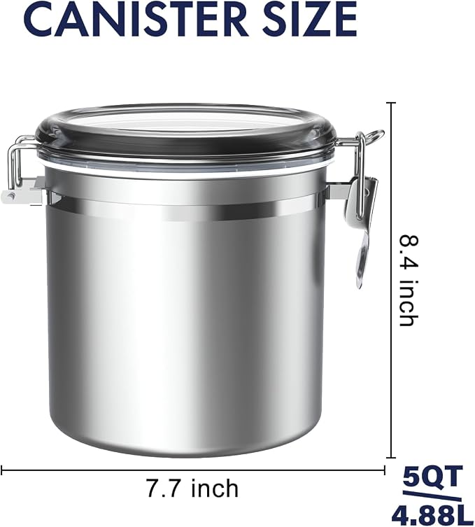 ENLOY 165oz Stainless Steel Airtight Canister for Kitchen, Large Flour Coffee Bean Tea Cereal Sugar Cookie Metal Food Storage Canisters with Clear Lid and Sturdy Locking Clamp (7.7 * 7.7 * 8.4in) - Image 2