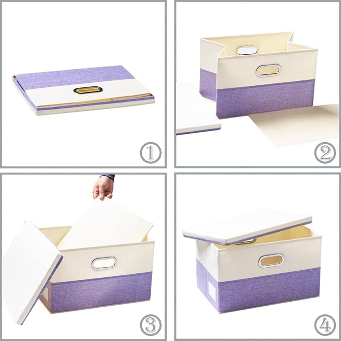 PRANDOM Large Foldable Storage Bins with Lids [3-Pack] linen Fabric Decorative Storage Boxes Organizer Containers Baskets Cube with Handles Divider for Bedroom Closet Purple&Cream(17.7x11.8x11.8) - Image 5