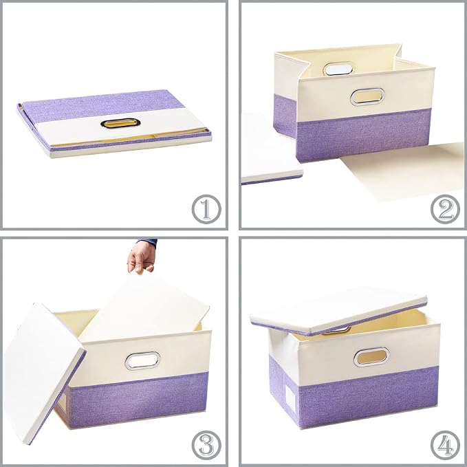 PRANDOM Large Foldable Storage Bins with Lids [3-Pack] linen Fabric Decorative Storage Boxes Organizer Containers Baskets Cube with Handles Divider for Bedroom Closet Purple&Cream(17.7x11.8x11.8) - Image 5