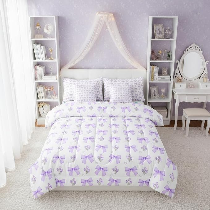 Erosebridal Bow 7 Piece Comforter Set Full Bed in a Bag for Girls Kids,Purple Bowtie Floral Coquette Bedding Sets Bowknot Ribbon Heart Duvet Insert Dreamy Princess Style Sheet Set with Comforter by Erosebridal