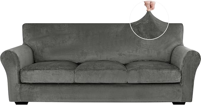 XINEAGE 4-Piece Velvet Sofa Cover,Couch Covers for Dog,Gray | 3 Cushion Sofa,Stretch Non-slip Elastic, Pet-friendly, Washable, Fast Setup, Soft Plush Fabric, Furniture Protector. by XINEAGE