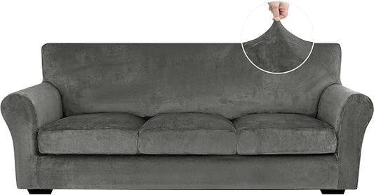 XINEAGE 4-Piece Velvet Sofa Cover,Couch Covers for Dog,Gray | 3 Cushion Sofa,Stretch Non-slip Elastic, Pet-friendly, Washable, Fast Setup, Soft Plush Fabric, Furniture Protector. by XINEAGE