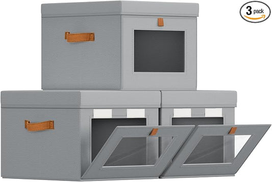 Homsorout Storage Bins with Lid – Closet Organizer with Side Opening and Clear Window, Foldable Stackable Fabric Basket for Clothes, Home, Office - 13.77" x 11.8" x 9.8", 3 Pack, Grey by Homsorout