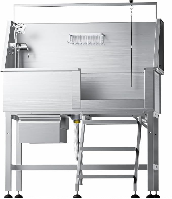 46" Dog Washing Station, Leak-Proof 304 Stainless Steel Dog Bathtub with Non-Slip Removable Left Stair & Storage Drawer, Elevated Pet Wash Station for Large Dogs, Indoor & Outdoor Use (Right Stair) by Unknown
