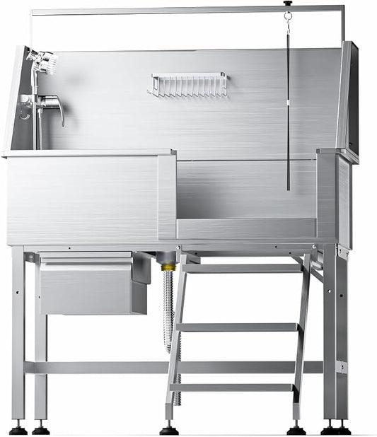 46" Dog Washing Station, Leak-Proof 304 Stainless Steel Dog Bathtub with Non-Slip Removable Left Stair & Storage Drawer, Elevated Pet Wash Station for Large Dogs, Indoor & Outdoor Use (Right Stair) by Unknown