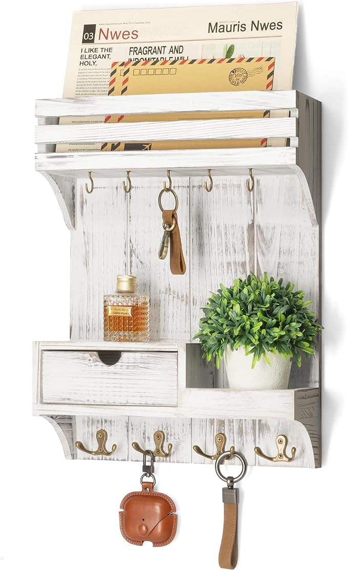 Rebee Vision Key Holder Wall Mount with Drawer for Home Decor, Whitewash | Sturdy Wood, Key Holder for Wall, 6 Rustic Hooks, Floating Shelf, Drawer Organizer, Mail Organizer, Chic Home Decor, Storage by REBEEVISION