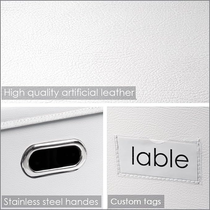 PRANDOM Collapsible Storage Box with Lid [1-Pack] Leather Fabric Foldable Storage Bin Organizer Container Basket Cube with Cover for Home Bedroom Closet Office Nursery White (13.6x9.6x6.9) - Image 3