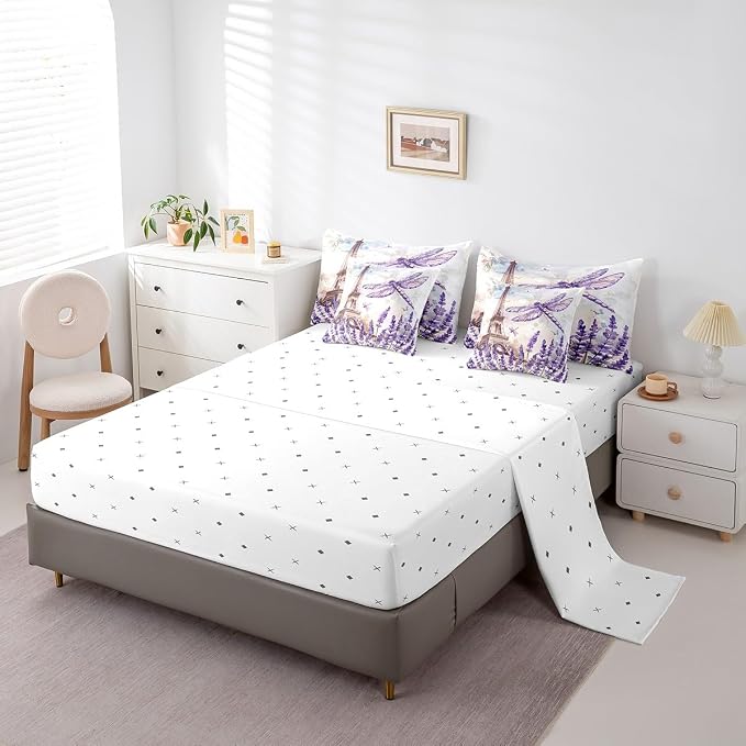 Feelyou Eiffel Tower Twin Size Comforter Set with Sheets Paris 7 Piece Bedding Set for Kids Girls Teens Toddler Purple Dragonfly Bed in a Bag Romantic Art Bed Set - Image 4