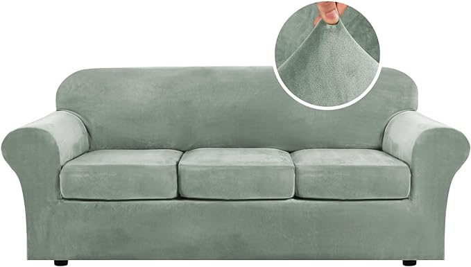 H.VERSAILTEX Modern Velvet Plush 4 Piece High Stretch Sofa Slipcover Sofa Cover Furniture Protector Form Fit Luxury Thick Velvet Sofa Cover for 3 Cushion Couch Width Up to 90 Inch (Sofa, Sea Grass) by HVERSAILTEX