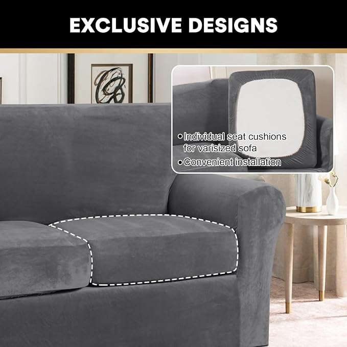 PrinceDeco Couch Cover Velvet Plush Sofa Covers for 2 Cushion Couch Width Up to 90 Inch Washable Furniture Protector Pet Friendly No Slip Sofa Slipcover(Medium-Large, Grey) - Image 5