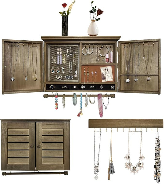 Rustic Wall Mounted Jewelry Organizer,Vintage Wooden Hanging Jewelry Holder Box with Barndoor Decor for Necklaces, Earings, Bracelets, Rings, Accessories. Includes Hook Organizer by MULIFEE