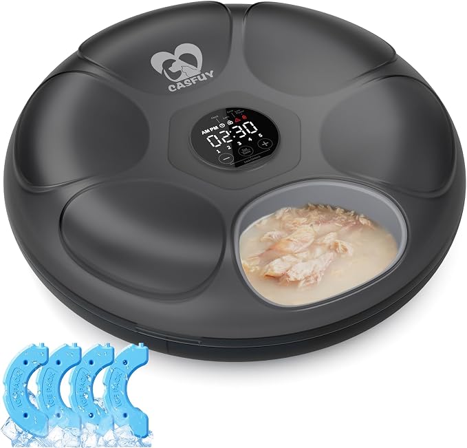 Casfuy Automatic Cat Feeder Cordless - Automatic Cat Food Dispenser for Wet Moist Food with 4 Ice Packs Rechargeable Auto Feeder for Cats Small Dogs with Programmable Timer Low Battery Indicator by casfuy