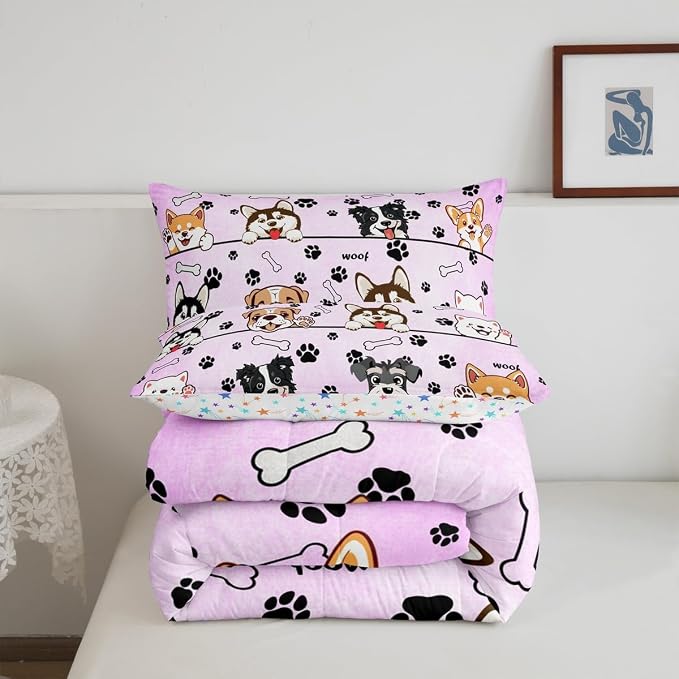 Manfei Cartoon Dog Kids Comforter Set,Lovely Pup Pet Animals Lover Down Alternative Adults Bedroom Decor,Paw Bone Print Light Purple Ultra Soft Microfiber Inner Fill 3Pcs Bedding Queen Size - Image 5