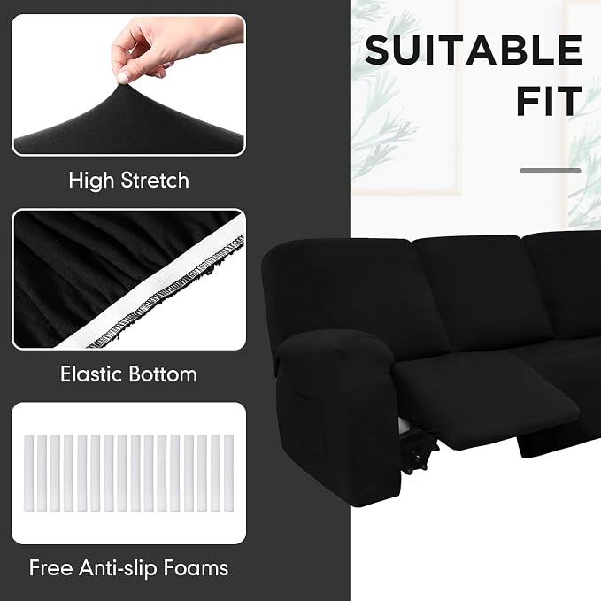 Peryiter 7 Pcs L Shape Sectional Recliner Sofa Covers 5 Seat Sectional Couch Covers Milk Silk Velvet Stretch Reclining Sofa Slipcover Furniture Protector for Living Room(Black,Milk Silk) - Image 6