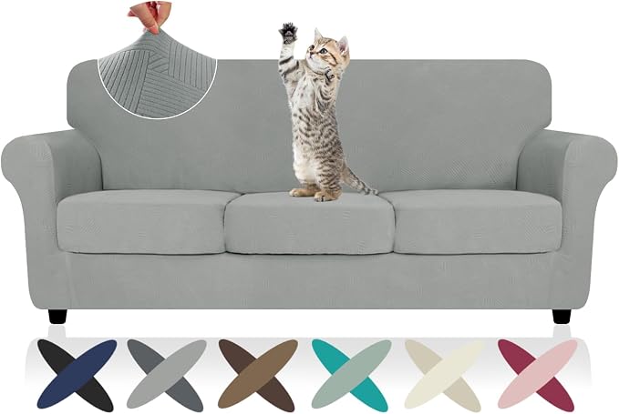 ZNSAYOTX 4 Piece Stretch Sofa Covers (71"-91"), Thick Striped Couch Covers for 3 Cushion Sofa with Elastic Band Bottom Ties Non-Slip Stay in Place, Soft Durable Washable Couch Slipcovers, Light Grey by ZNSAYOTX