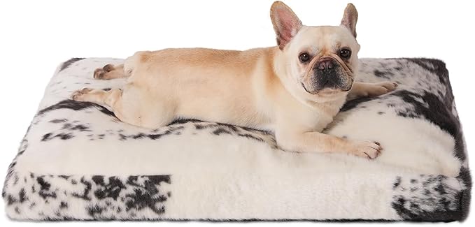 Bedfolks Waterproof Crate Bed, Plush With Removable Washable Cover, Faux Fur Pad for Large Dogs, Fluffy Kennel 35"x23", Black-White Cowhide by Bedfolks