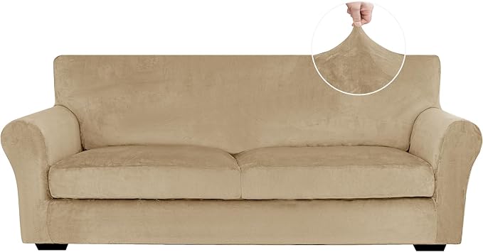 XINEAGE 3-Piece Velvet Sofa Cover,Couch Covers for Dog,Camel | 2 Cushion Sofa,Stretch Non-slip Elastic, Pet-friendly, Washable, Fast Setup, Soft Plush Fabric, Furniture Protector. by XINEAGE