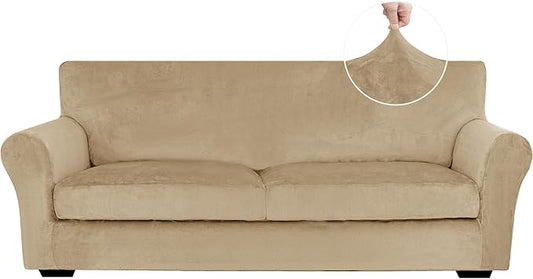 XINEAGE 3-Piece Velvet Sofa Cover,Couch Covers for Dog,Camel | 2 Cushion Sofa,Stretch Non-slip Elastic, Pet-friendly, Washable, Fast Setup, Soft Plush Fabric, Furniture Protector. by XINEAGE