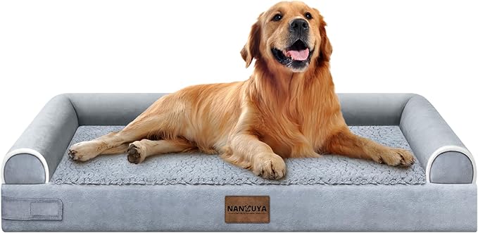 NANUYA Orthopedic Dog Bed for X-Large Dogs, 40 x 32 Inch, Light Grey | Egg crate foam for joint support, 3-sided bolster pet sofa, waterproof lining, washable cover, and non-skid base by Nanuya