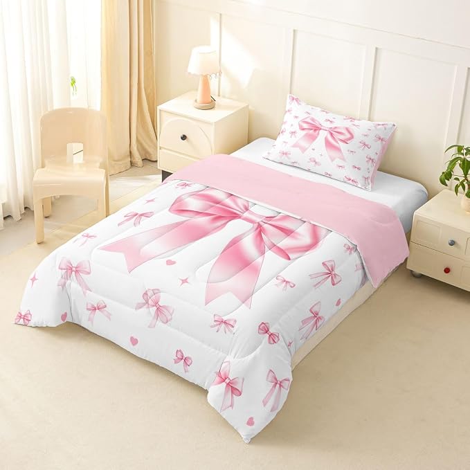 Manfei Pink Bow Twin Size Comforter Set for All Seasons,Cute Bowknot Princess Bedding Set Teens Bedroom Decor,Aesthetic Ribbon Bow Tie Comforter Inner Fill with 1 Pillowcase - Image 4