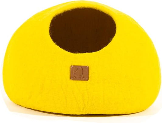 Best Aesthetic Cat Bed - Premium Felted Wool Cat Cave Bed - Cozy Peekaboo Round Cave for Large or Small Cats (Large, Sunny Yellow) by FuzzyCove