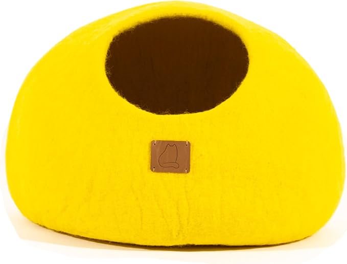 Best Aesthetic Cat Bed - Premium Felted Wool Cat Cave Bed - Cozy Peekaboo Round Cave for Large or Small Cats (Large, Sunny Yellow) by FuzzyCove