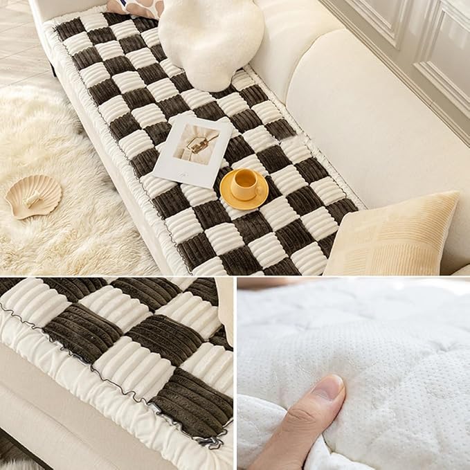 Fluffy Couch Cover for Pets - Large Cream-Coloured Fuzzy Plaid Square Pet Mat Bed Couch Cover Protector - Gray, 23.6 * 63in - Image 4
