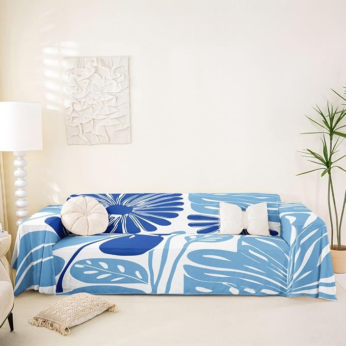 Erosebridal Abstract Blue Flower Couch Cover Boho Floral Sofa Cover Retro Vintage Aesthetic Couch Protector for Women Adult Modern Minimalist 70S Washable Non Slip Sofa Slipcover, 91" X 134" by Erosebridal