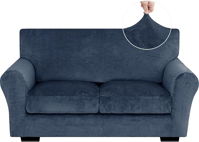 XINEAGE 3-Piece Velvet Loveseat Sofa Cover, Couch Covers for Dog,Navy Blue | 2 Cushion Loveseat,Stretch Non-slip Elastic, Pet-friendly, Washable, Fast Setup, Soft Plush Fabric, Furniture Protector. by XINEAGE