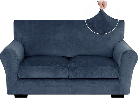 XINEAGE 3-Piece Velvet Loveseat Sofa Cover, Couch Covers for Dog,Navy Blue | 2 Cushion Loveseat,Stretch Non-slip Elastic, Pet-friendly, Washable, Fast Setup, Soft Plush Fabric, Furniture Protector. by XINEAGE