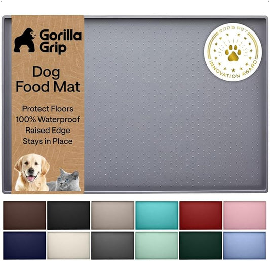 GORILLA GRIP 100% Waterproof Raised Edge BPA Free Silicone Pet Feeding Mat, Dog Cat Food Mats Contain Spills Protects Floors, Placemats for Cats and Dogs Water Bowl, 18.5x11.5, Gray by Unknown