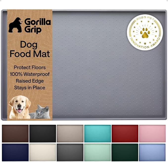 GORILLA GRIP 100% Waterproof Raised Edge BPA Free Silicone Pet Feeding Mat, Dog Cat Food Mats Contain Spills Protects Floors, Placemats for Cats and Dogs Water Bowl, Pets Accessories 26x17 Gray by Unknown
