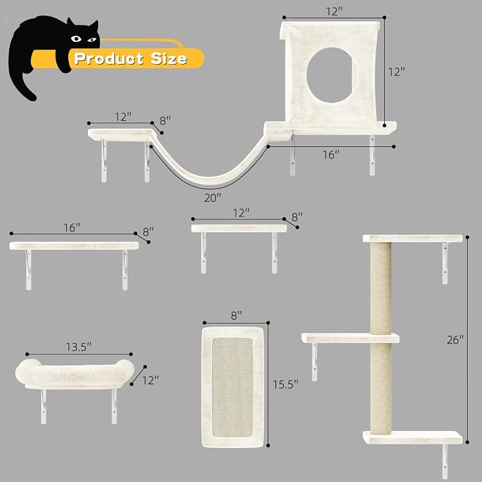 12-in-1 Cat Wall Shelves, Luxury Wall-Mounted Cat Climber Set | with Condos House, Scratching Post, Bridge Ladder, Indoor Space-Saving Furniture for Kittens, Beige - Image 3