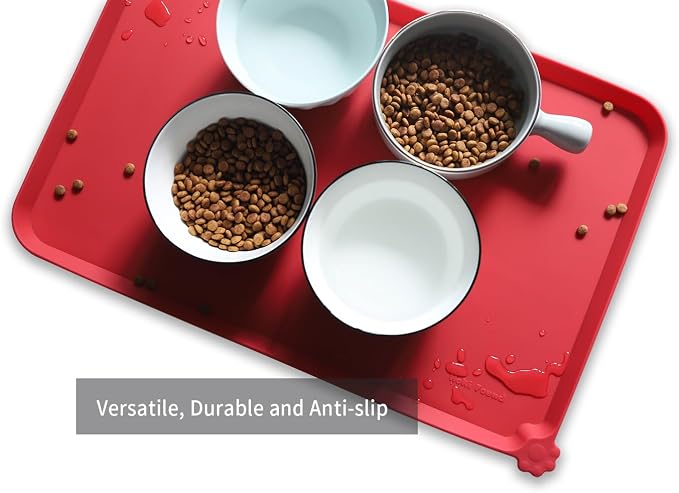 Hoki Found L Silicone Pet Food Mats Tray - Non Slip Pet Dog Cat Bowl Mats Placemat - Dog Pet Feeding Mat - Waterproof Dog Cat Food Mats -Pet Water Mats for Carpet - Classic red - Image 4