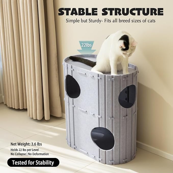 PETKARAY 2-Story Felt Cat House, Large Bed Cave for Indoor Cats, Felt Tunnel Hideaway Condo for Multi-Cat Households, 23.6x22x12 inches, Beige - Image 5