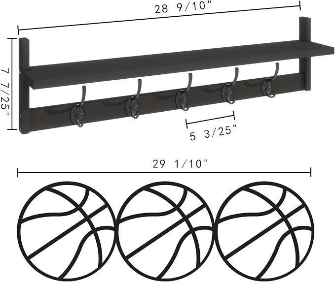 BAMEOS Wall-Mounted Shelf with Hooks - 28.9 Inch Entryway Hanging Shelf with 5 Dual Hooks for Bathroom, Living Room, Bedroom (Black) - Image 5