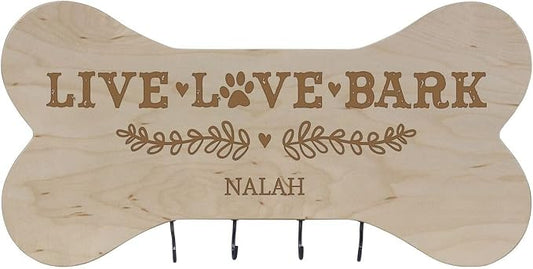 Rooms Organized Personalized Live Love Bark Wall Mounted Dog Bone Pet Leash Rack,Dog Collar Holder New Home Decor Gift Ideas and 4 Hooks 16" L x 8" H 2.5." deep (Maple) by Unknown