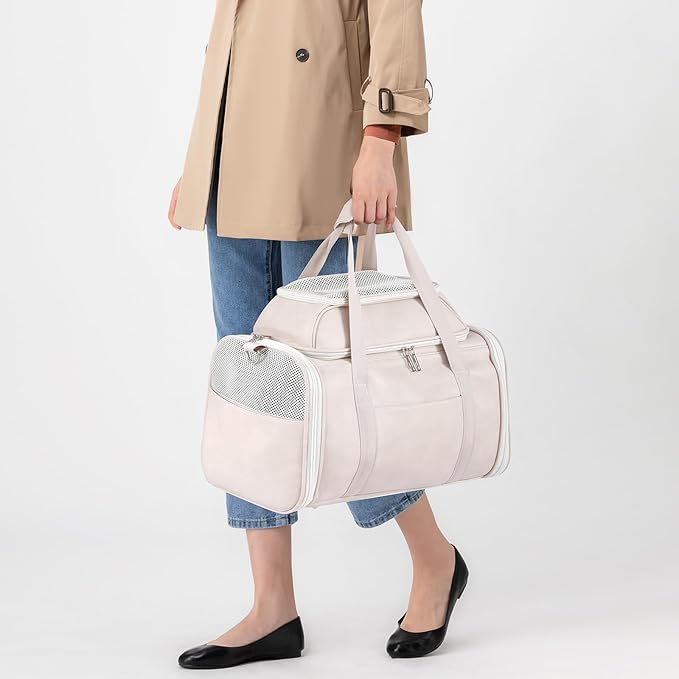 Premium Leather Top Expandable Pet Carrier for Small Dogs & Cats Under 15 lbs, Airline Approved Collapsible Soft-Sided Luxury Travel Bag Beige